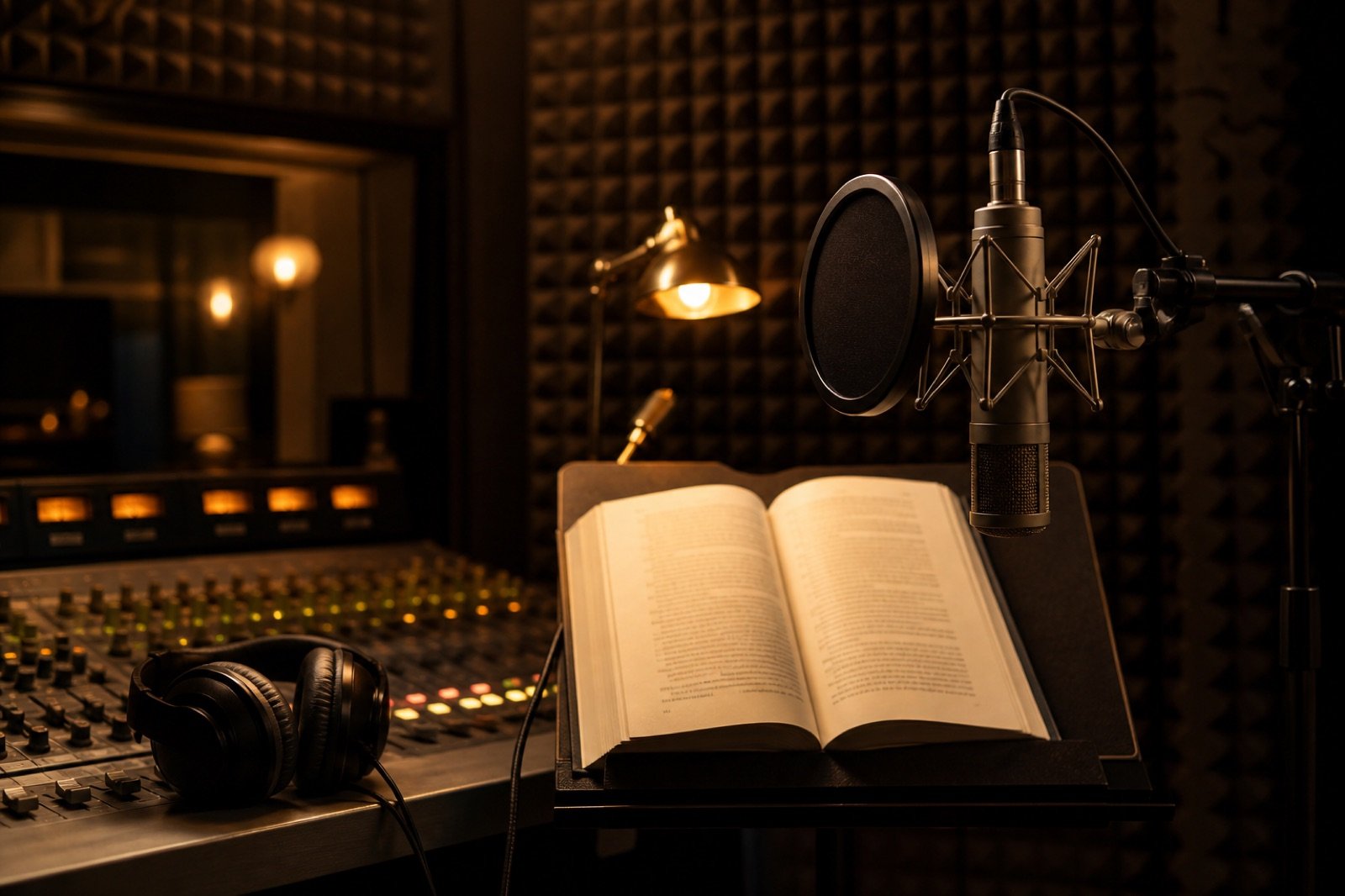 Professional audiobook recording studio with microphone and open book