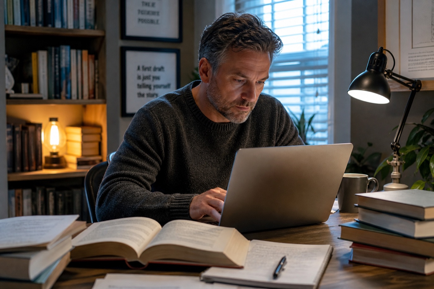 Author drafting at a desk with notebook and laptop