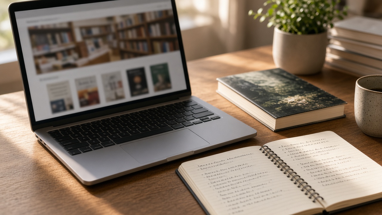 Laptop and a paperback on a desk while choosing bookstore categories