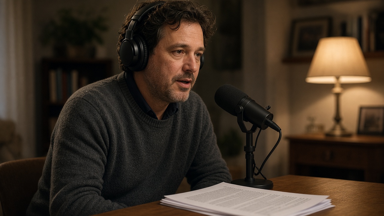 Author recording a chapter with headphones and a microphone at home