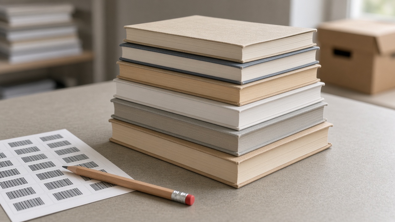 Paperbacks stacked beside a barcode sheet on a desk