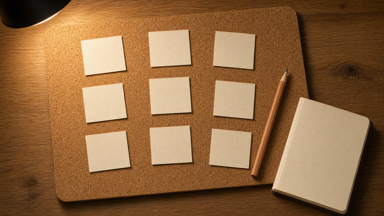 Index cards and a notebook laid out as a novel outline