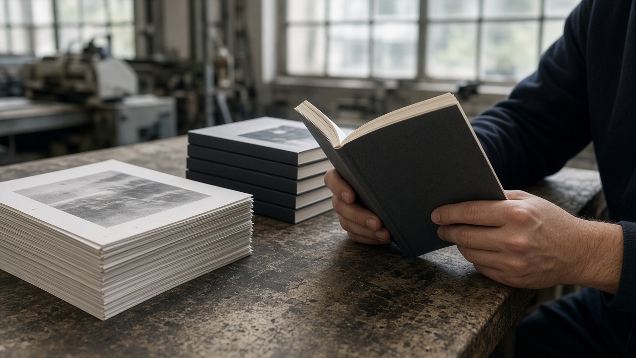 A freshly printed paperback proof inspected on a print table