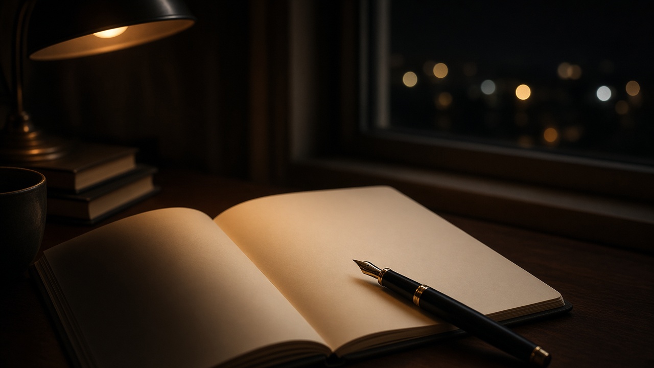 Open notebook and a pen under a lamp at the start of a chapter