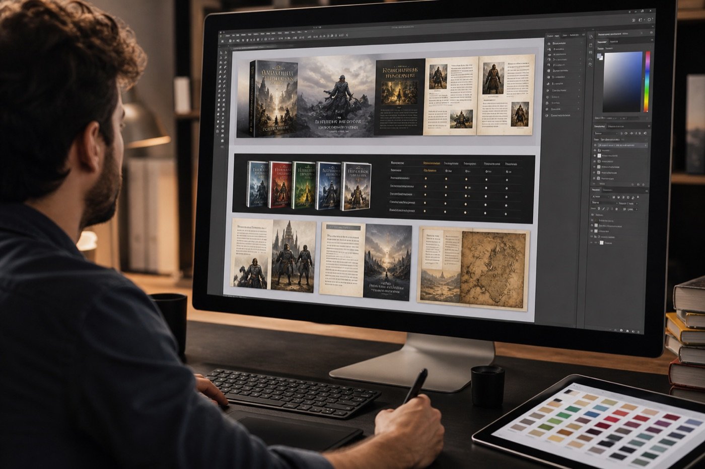 Designer crafting rich A+ detail page banners and series comparison layouts for a book