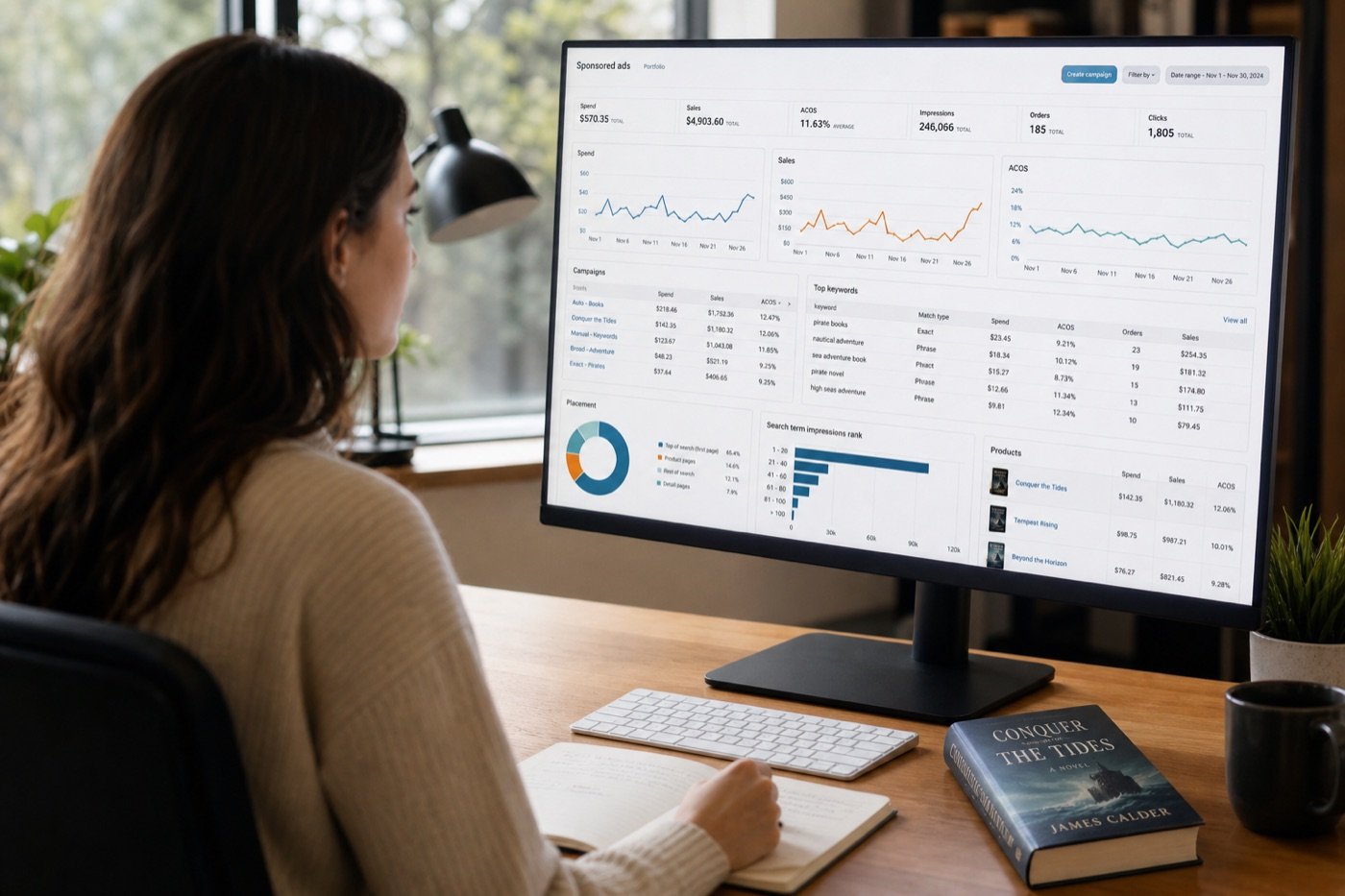 Marketing analyst reviewing Amazon advertising campaign dashboards and keyword performance charts