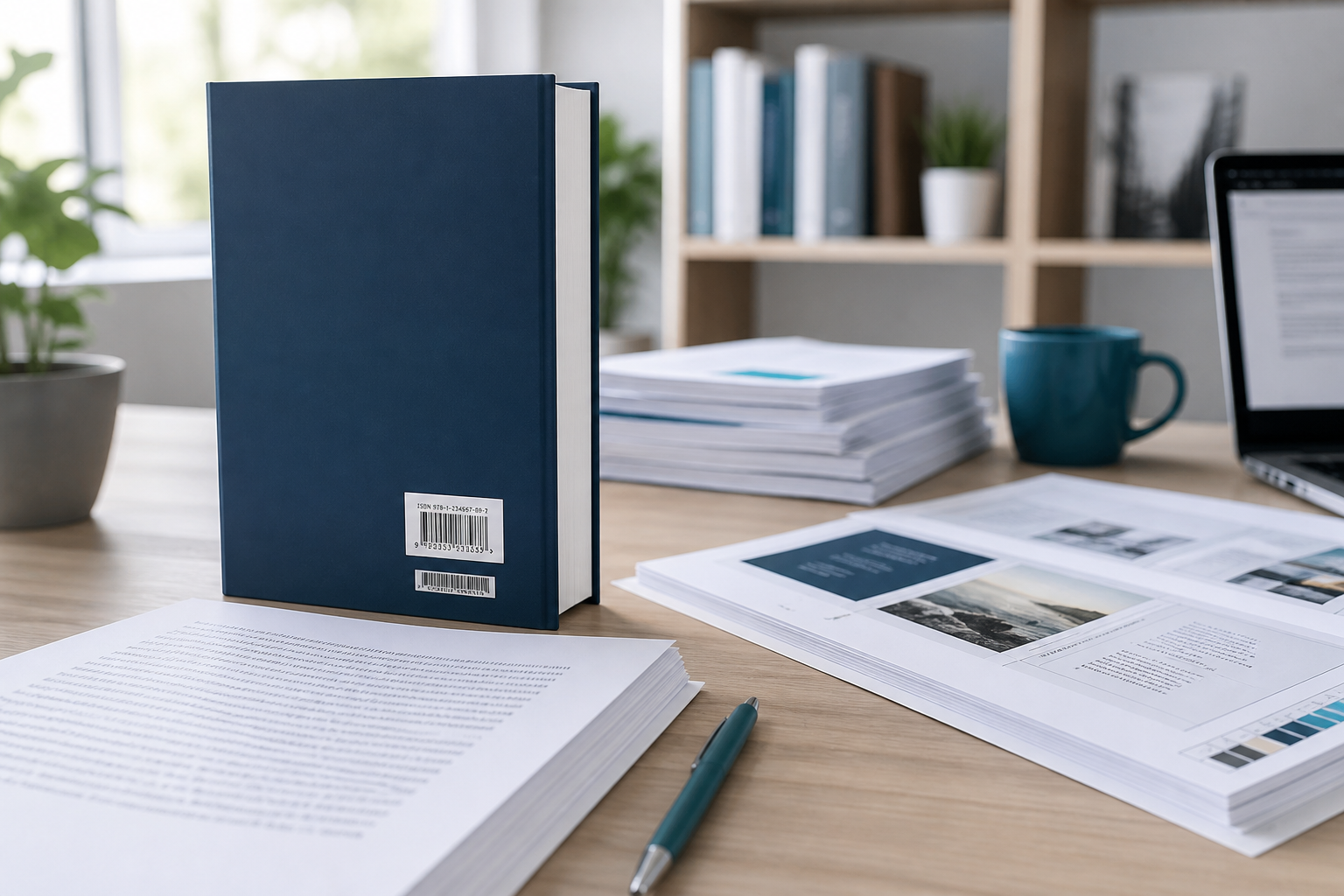 Hardcover book, manuscript pages, and publishing proofs on a professional desk