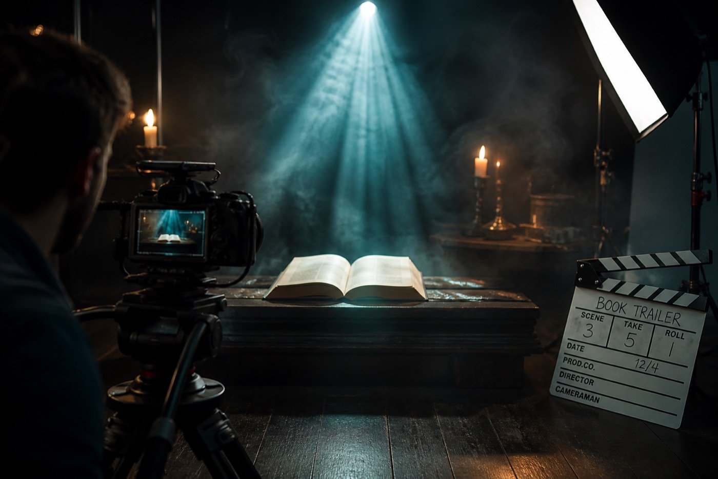 Cinematic book trailer film set with camera, dramatic lighting, and an open hardcover