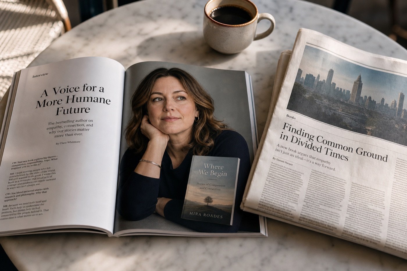 Magazine author interview spread and newspaper on a cafe table with morning light