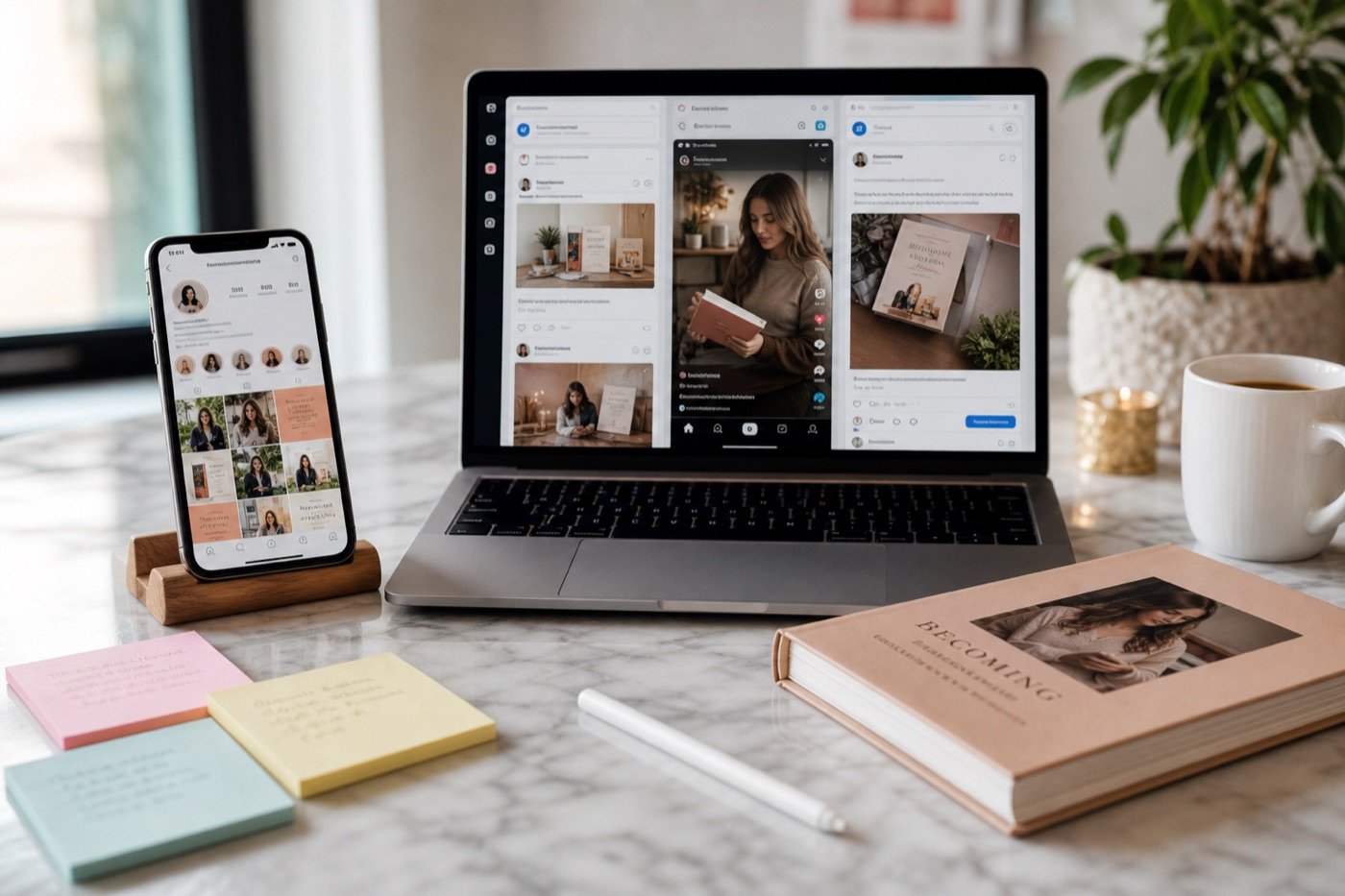 Social media marketing workspace with phone and laptop showing book promotion creatives