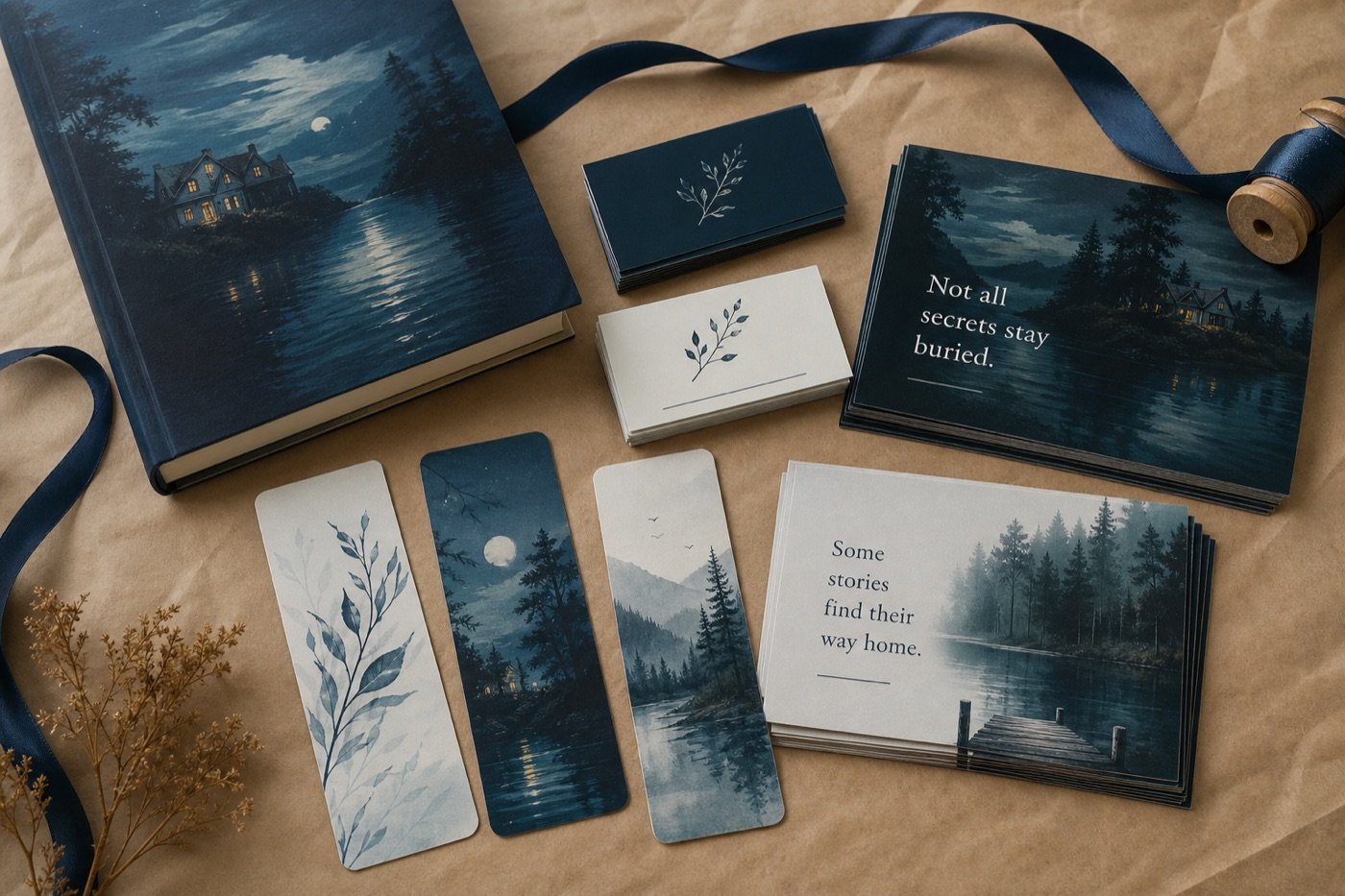 Flat-lay of premium business cards, bookmarks, and marketing postcards with a hardcover book