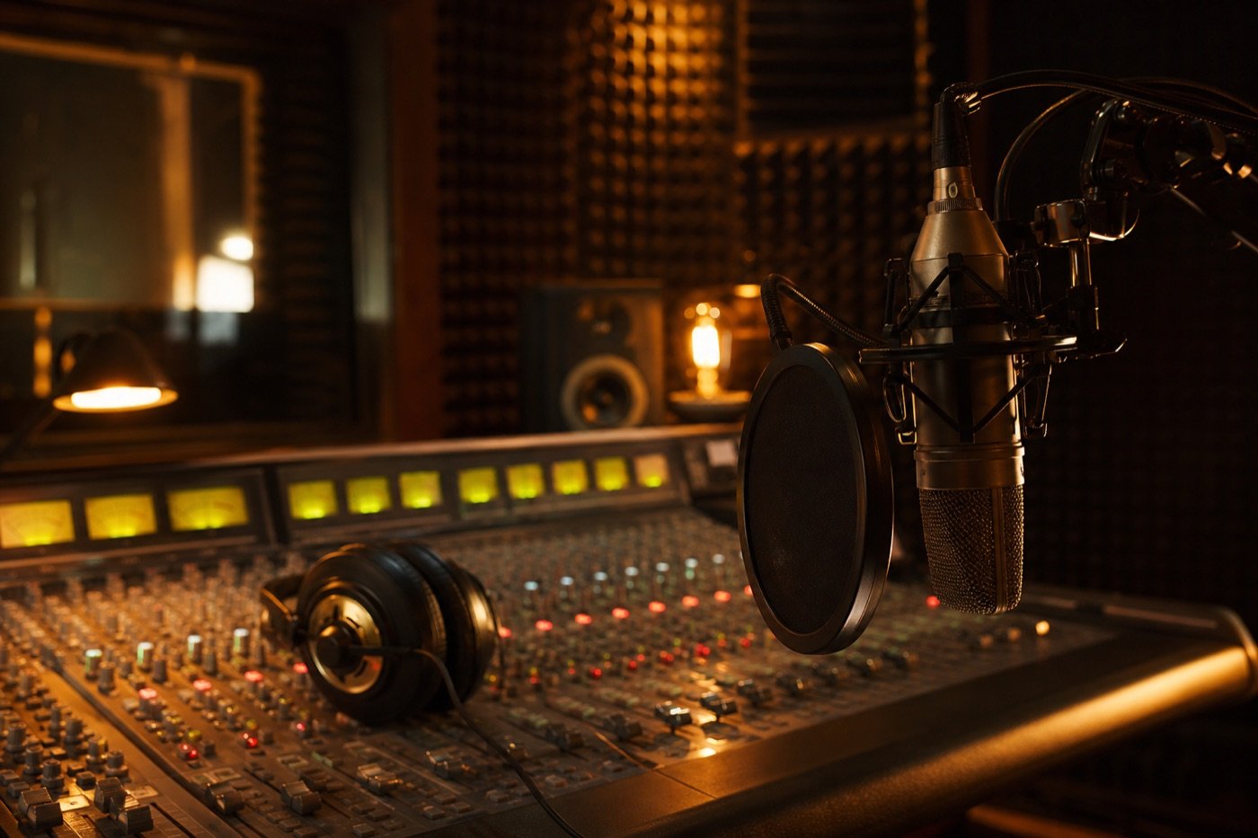 Professional radio studio with condenser microphone, headphones, and mixing console